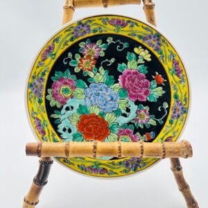Nippon Antique Hand Painted Floral Porcelain Plate Black Yellow Famille Rose 7"